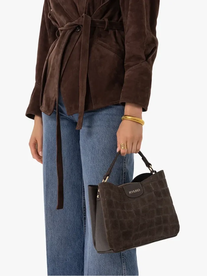 Dark brown handbag with a crocodile-skin pattern