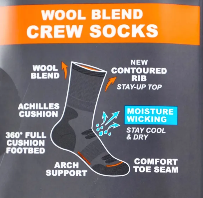 Weatherproof Men's Outdoor Wool Blend Crew Socks, 6-12 Shoe Size, 5 Pairs