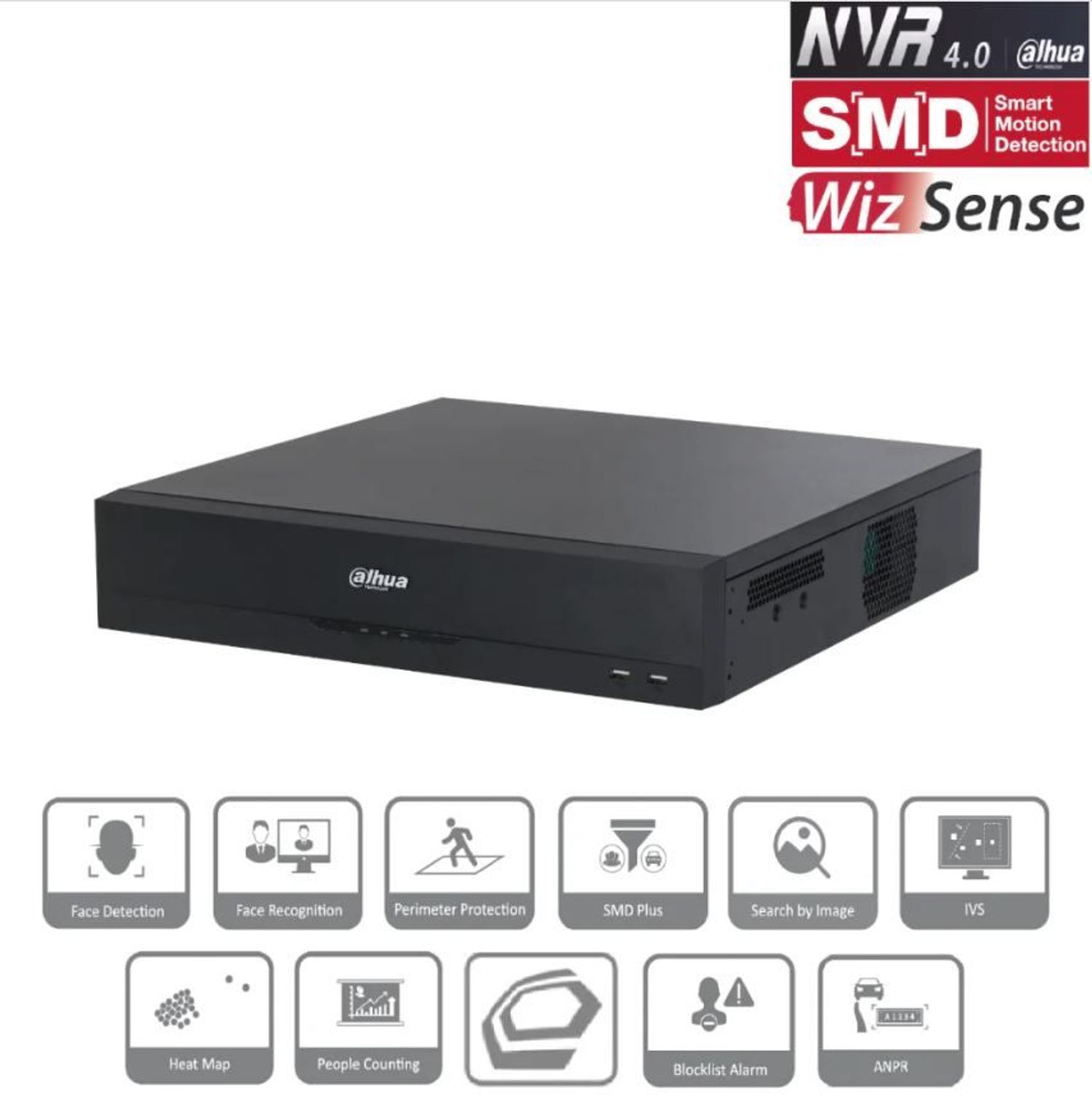 64ch NVR professional-grade WizSense series, designed for large-scale IP video surveillance systems with advanced AI capabilities.