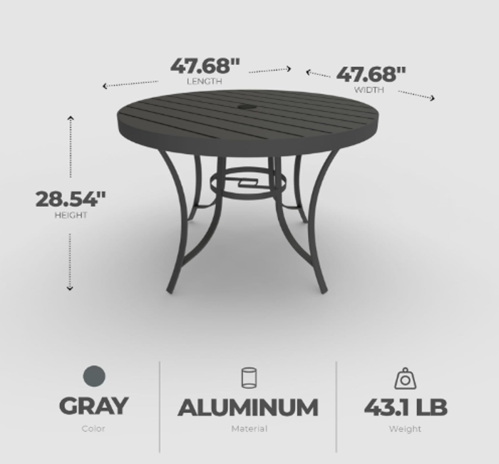 Round Aluminum Patio Table 47.68" Gray