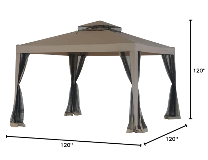 10'x10' Outdoor Gazebo Canopy with Mesh Curtains (Beige)