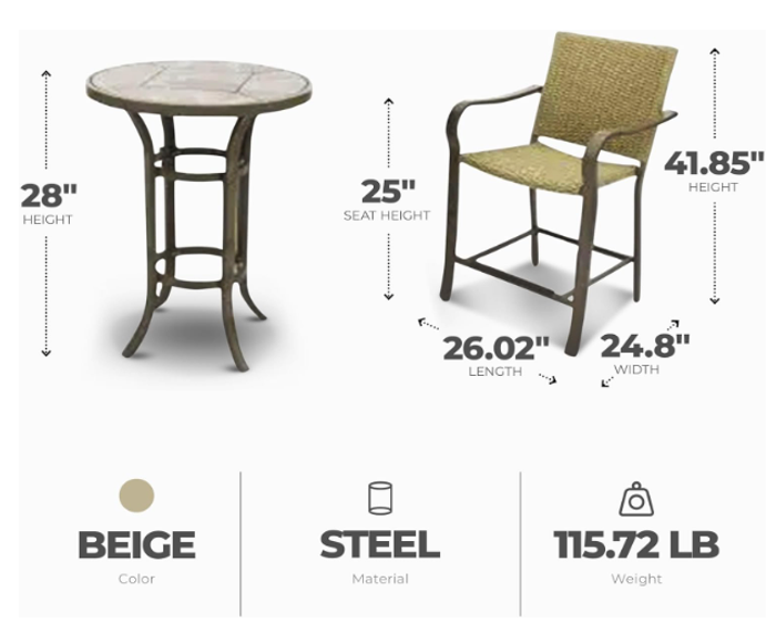 Beige Steel Outdoor Bar Table & Stool Set