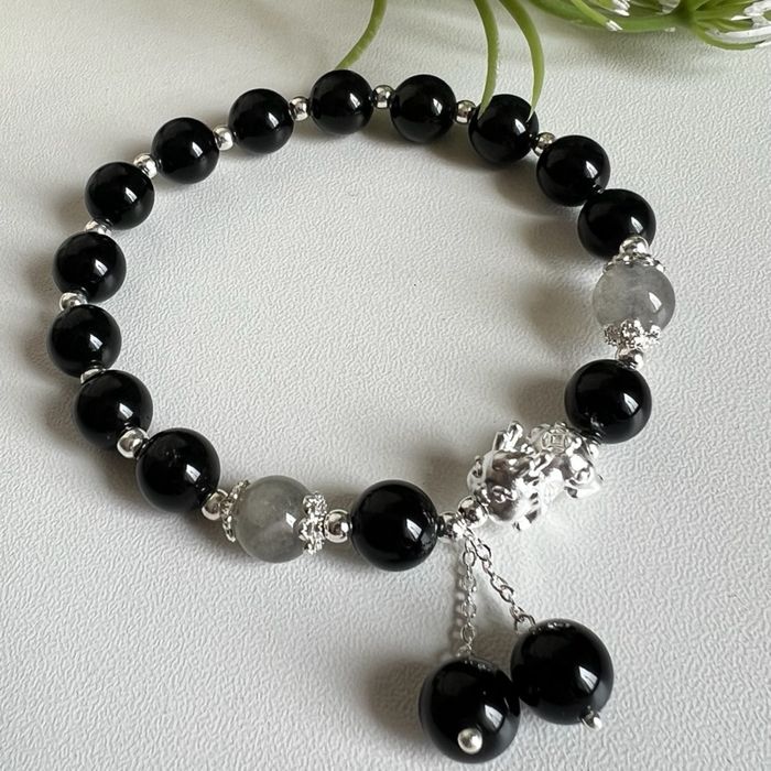 Обсидиан, лабрадорит, мөнгөн бугуйвч