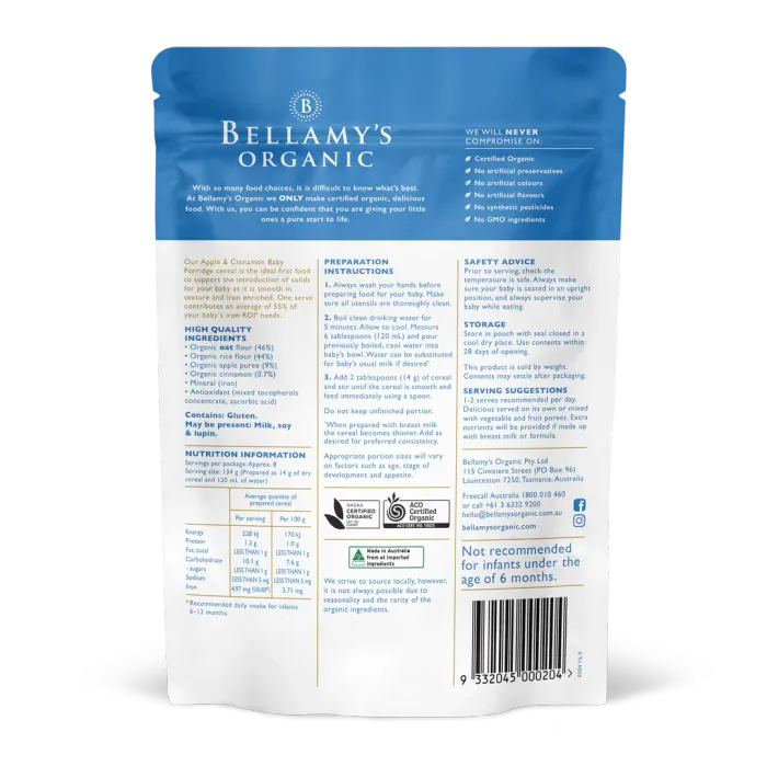 Bellamy's organic apple cinnamon baby porridge 