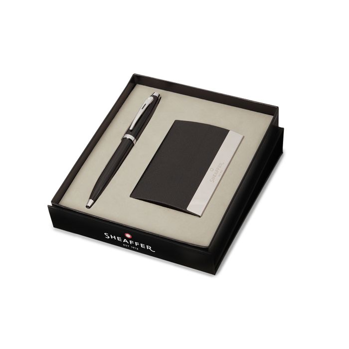 PEN SHEAFFER 100  GLOSSY BLACK LACQUER WITH CHROME PLATED TRIMS BP WITH BUSINESS CARD HOLDER