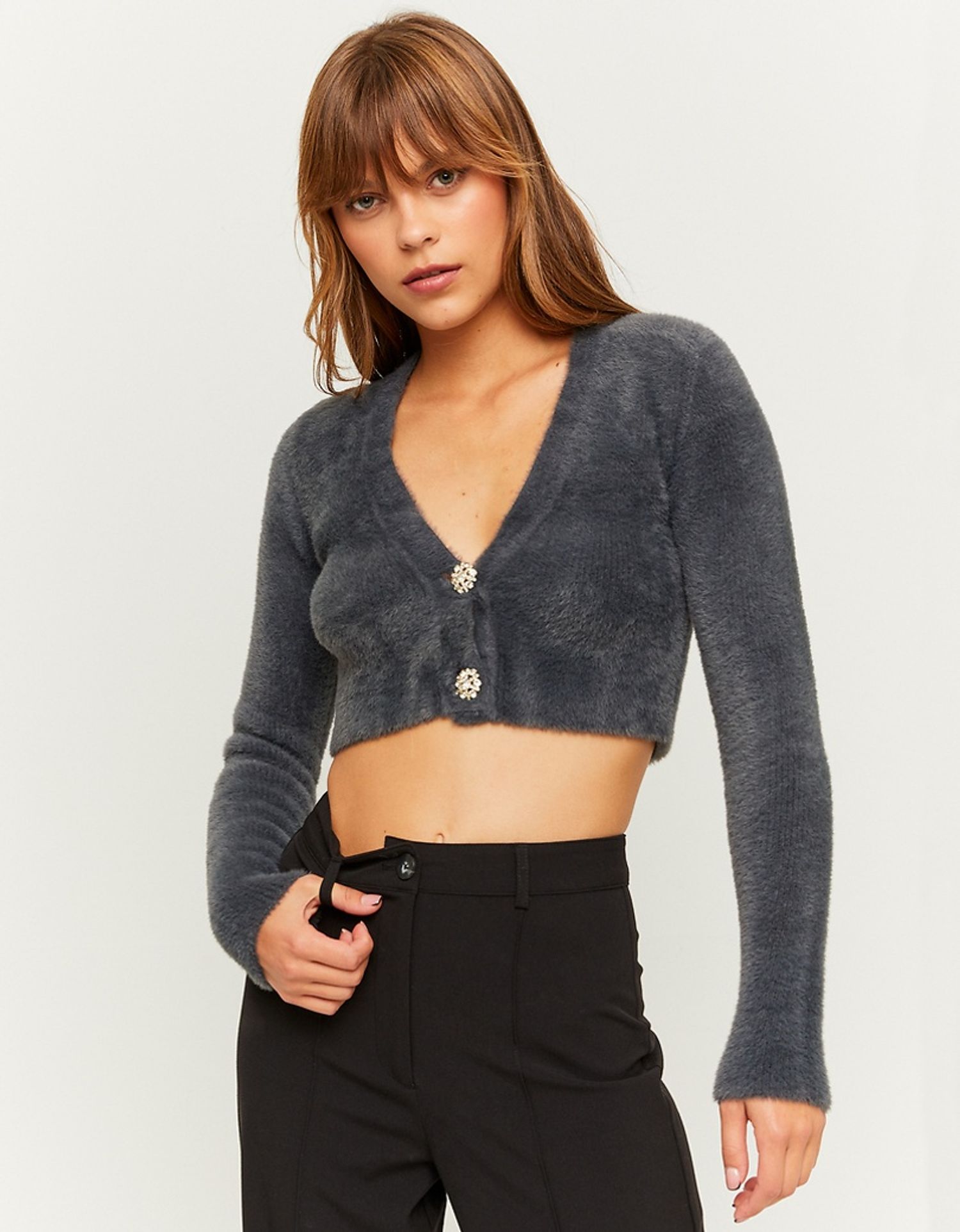 Cropped Cardigan with Rhinestone Buttons