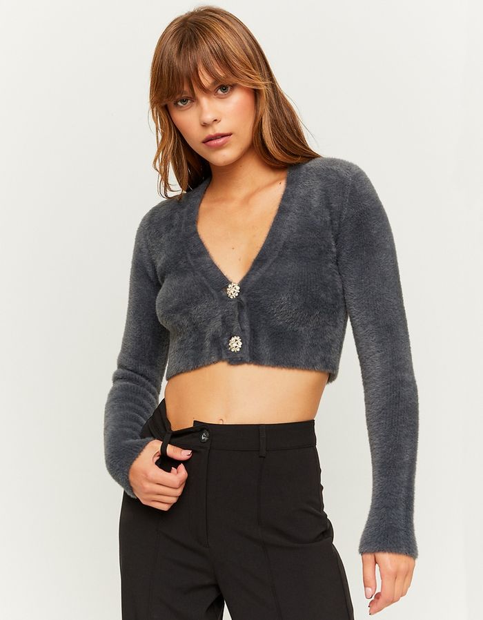 Cropped Cardigan with Rhinestone Buttons