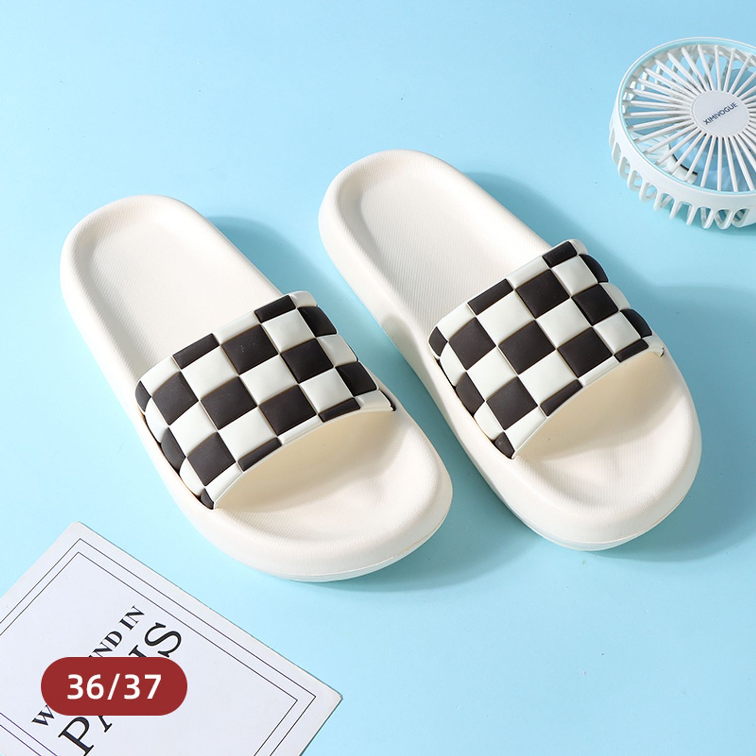 Checkerboard Slide Slippers for Ladies (Beige 36/37)