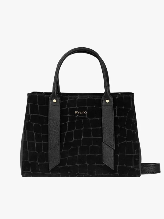 Black large handbag crocodile leather pattern