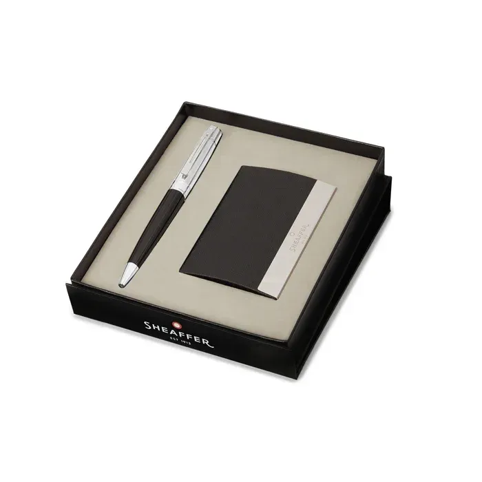 PEN SHEAFFER 300 GLOSSY BLACK BARREL CHROME CAP WITH CHROME PLATED TRIMS BP WITH BUSINESS CARD HOLDER
