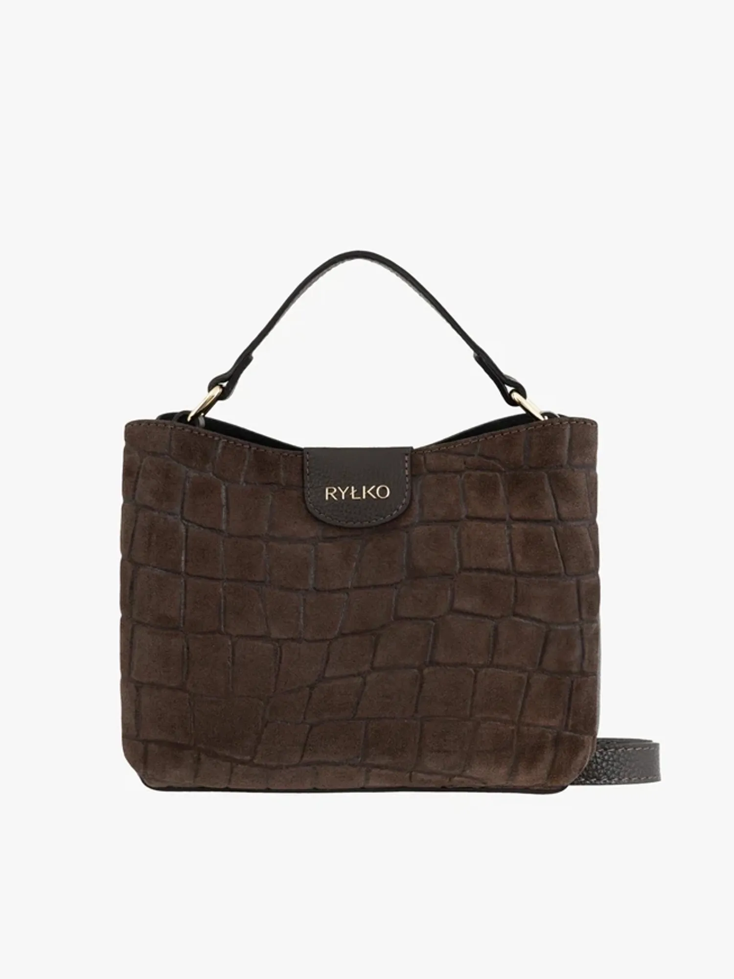 Dark brown handbag with a crocodile-skin pattern