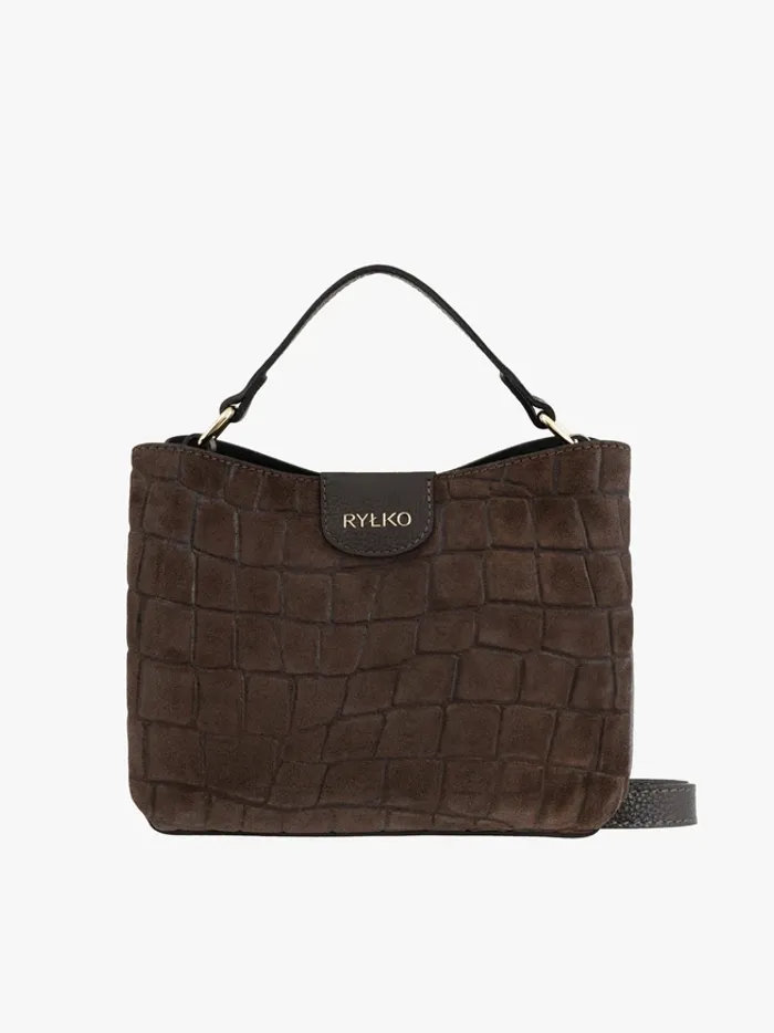 Dark brown handbag with a crocodile-skin pattern