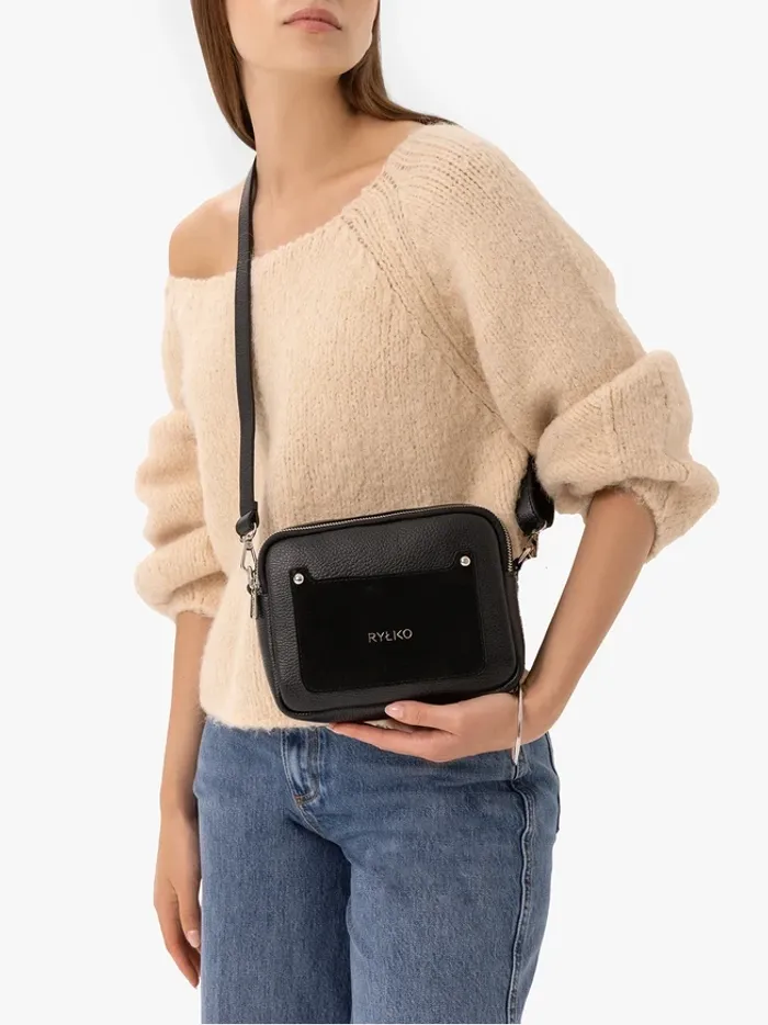 Black leather and velour handbag