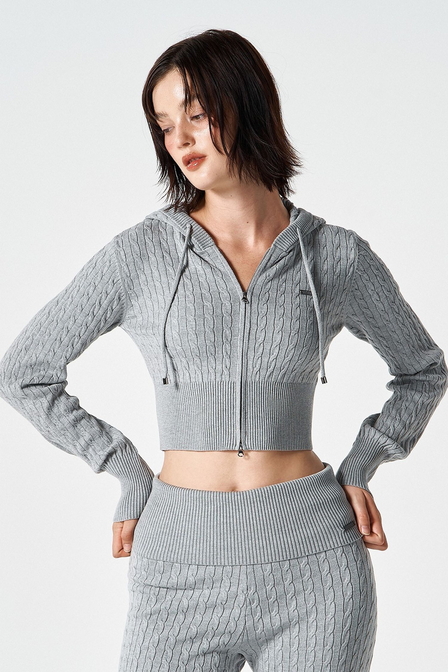 Womens Cable Knit Crop Hoodie Zip-Up