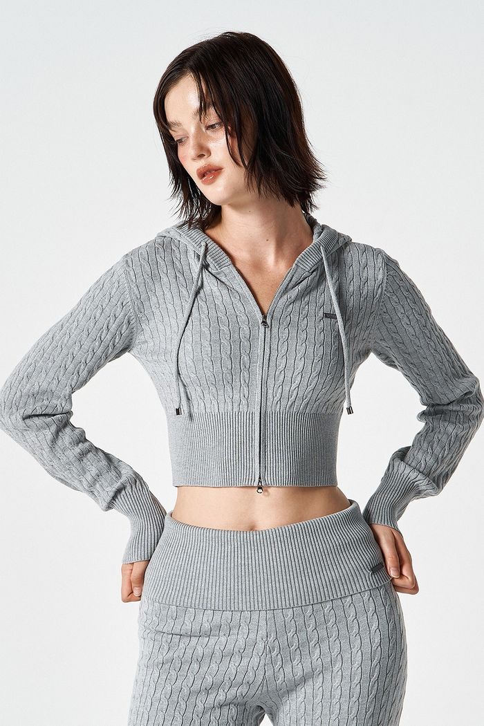 Womens Cable Knit Crop Hoodie Zip-Up