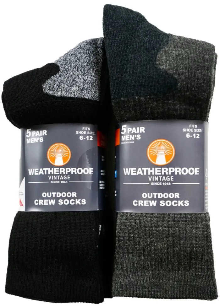 Weatherproof Men's Outdoor Wool Blend Crew Socks, 6-12 Shoe Size, 5 Pairs