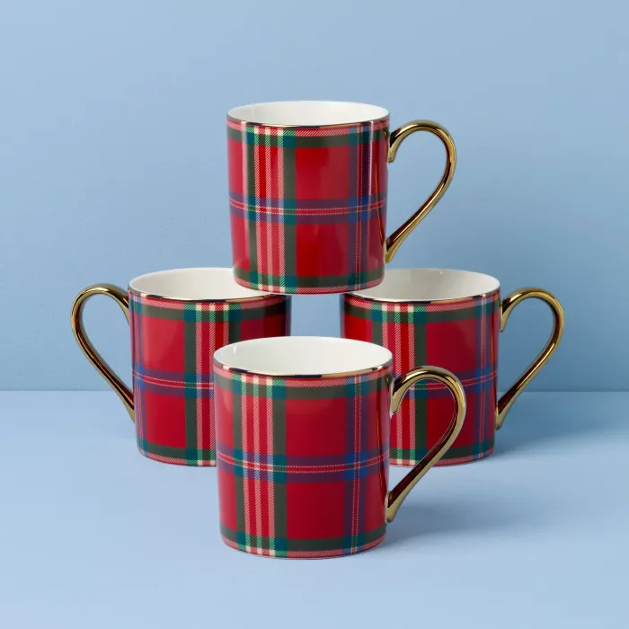 Holiday Red Tartan Mugs - Set of 4