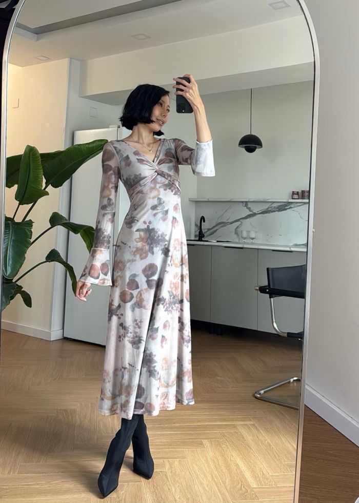 Retro Print V-neck Dress