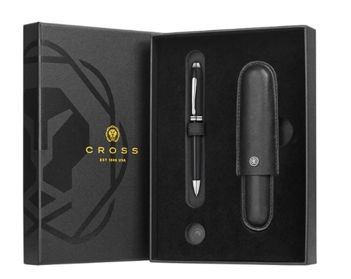 Townsend Black Lacquer Ballpoint Pen with Classic Black Cigar Style Leather Single Pen Case Gift Set