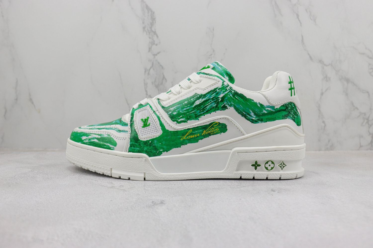 Louis Vuitton LV Trainer White Green Colored-In Motif 