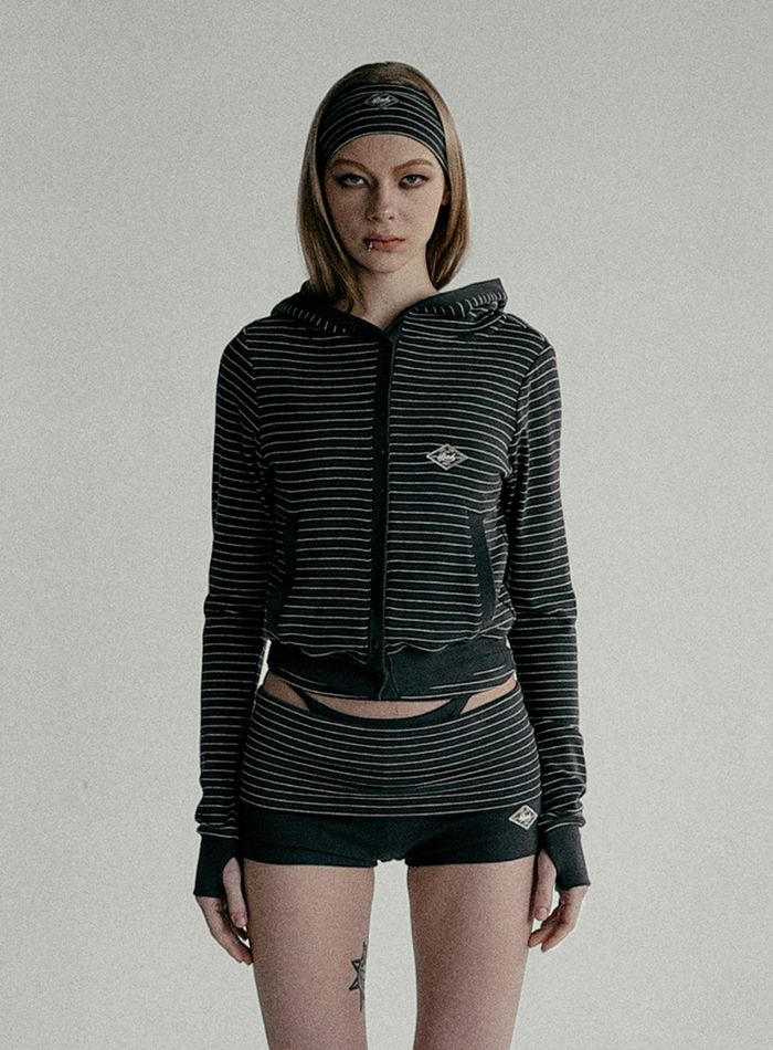 Beyond Soft Button Up Hooded Cardigan - Stripe Charcoal