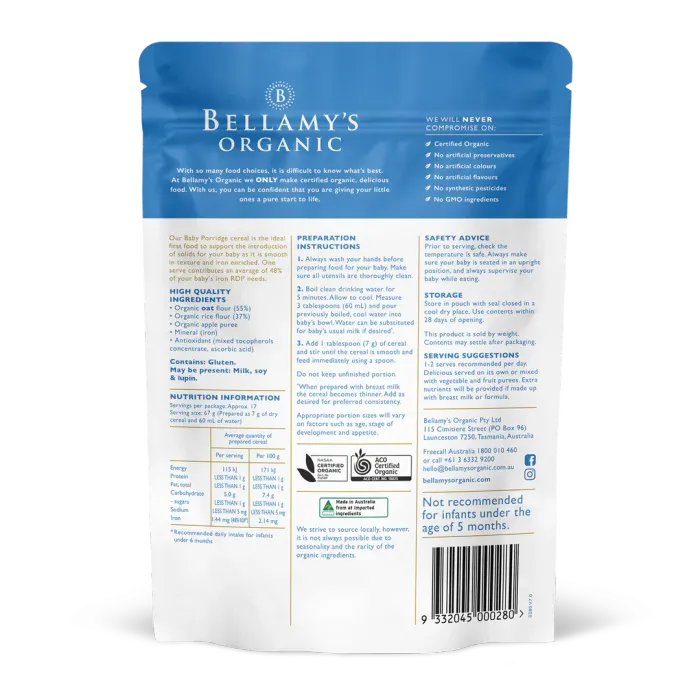 Bellamy's organic baby porridge 