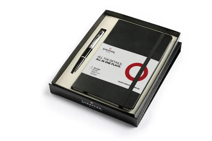 PEN SHEAFFER 100 GLOSSY BLACK BARRELBRUSHED CHROME CAPCHROME PLATED TRIMS BP WITH A5 NOTEBOOK IN BLACK GIFT