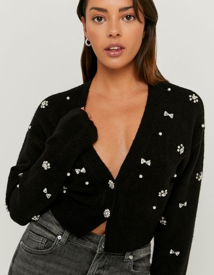 Black Knitted Cardigan with Rhinestones
