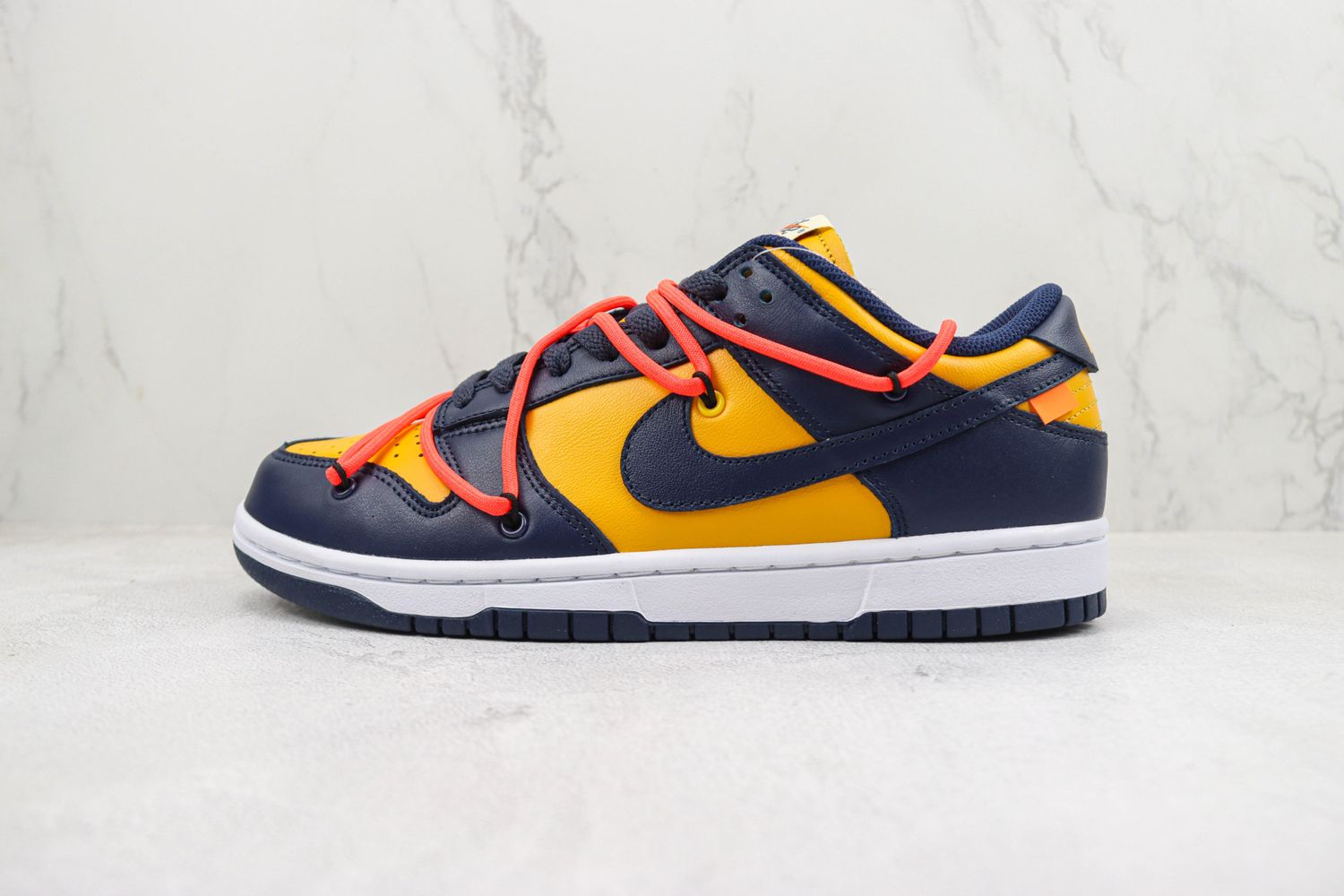 Off-White × Nike Dunk Low LTHR University Gold Navy