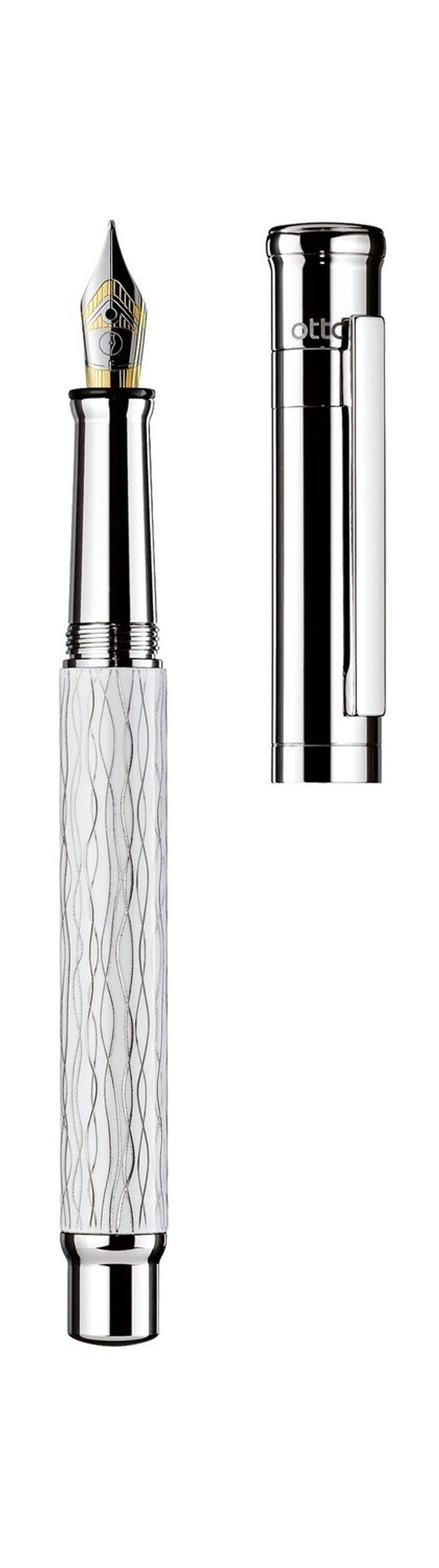 Otto-Hutt Design 04 Fountain Pen - Wave pattern with white lacquered, platinum plated