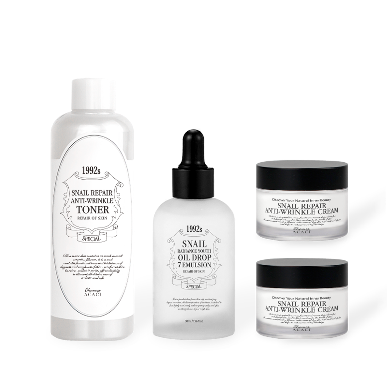 Chamos ACACI Snail Repair Anti Wrinkle Set - Эмгэн Хумстай Үрчлээний Эсрэг Гүн Чийгшүүлэх Залуужуулах Үйлчилгээтэй 4-тэй Сет