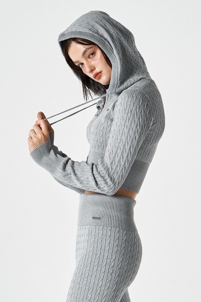 Womens Cable Knit Crop Hoodie Zip-Up