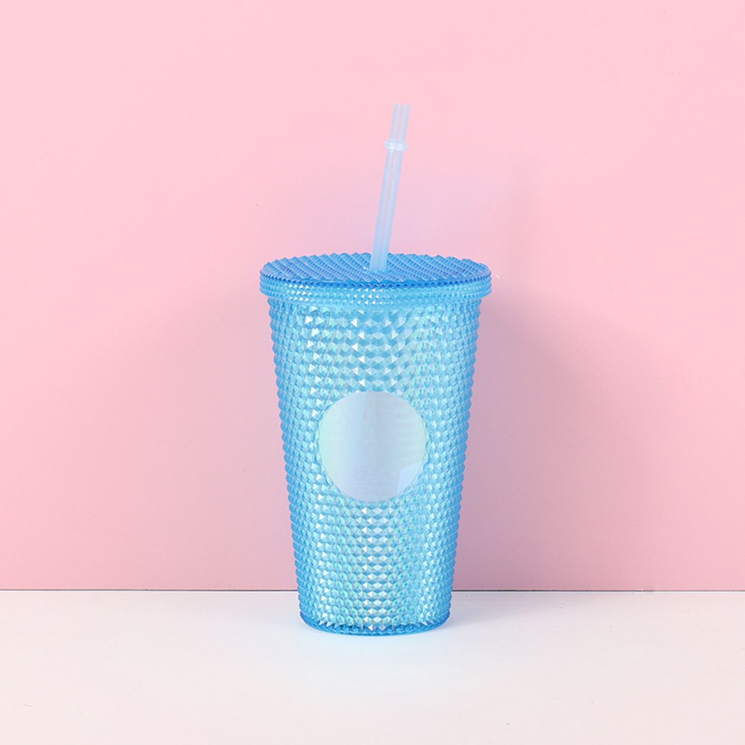 500ml/16.9fl.oz. Small Geometric Embossed Straw Creative Plastic Cup (Blue)