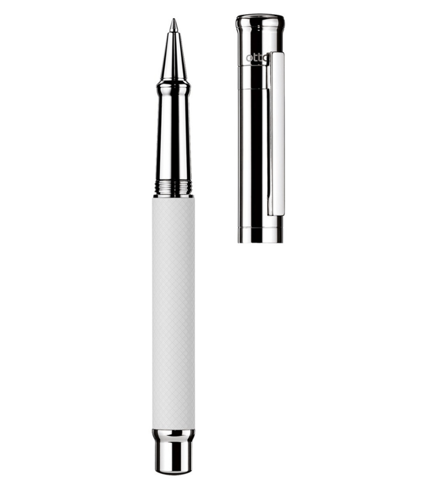 Otto-Hutt Design 04 Rollerball - barrel white matt lacquered with checkered guilloché, cap and fittings platinum plated