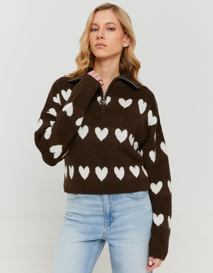 Brown Knitted Zip‑Up Jumper with Hearts