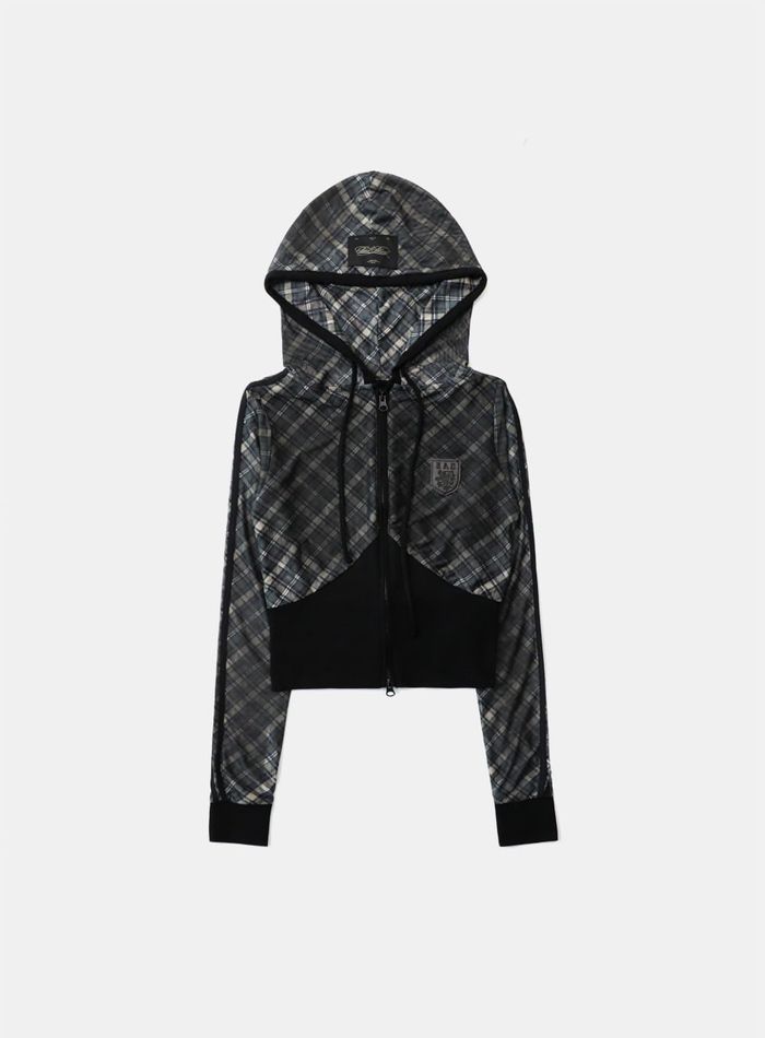 Vintage Club Slim Fit Hood Zip-up - Check Black