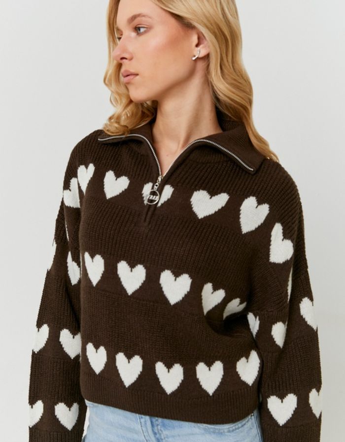 Brown Knitted Zip‑Up Jumper with Hearts