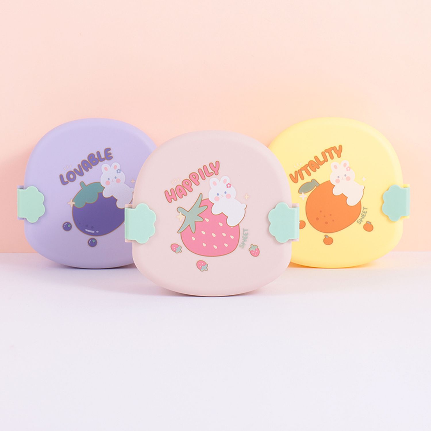 Round Colorful Fruits Lunch Box with Spoon and Fork