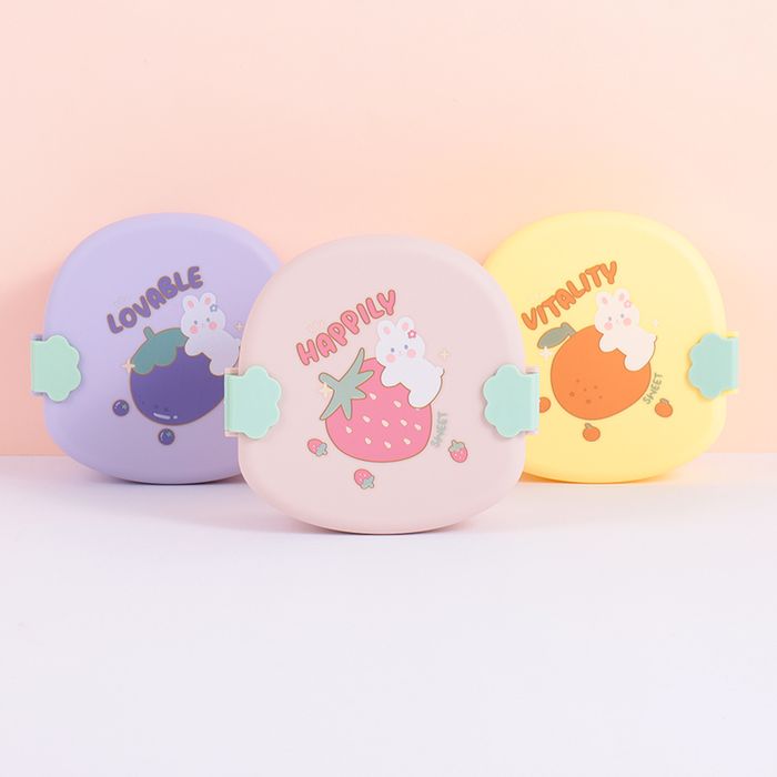 Round Colorful Fruits Lunch Box with Spoon and Fork