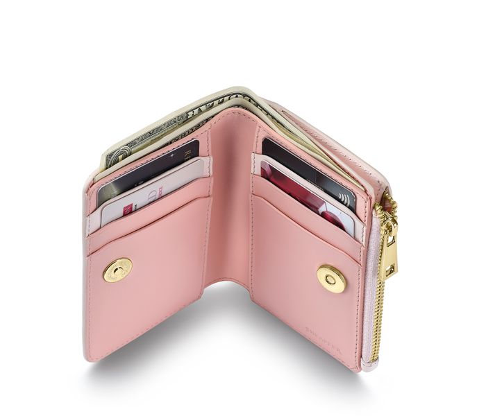 WALLET SHEAFFER EIP LEATHER BIFOLD COIN WITH ZIP HEART EMBLEM IN CHAMPAGNE GOLD FINISH LT & DK PINK