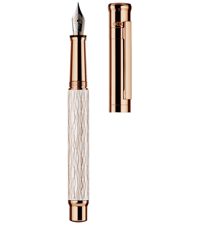 Otto-Hutt Design 04 Fountain Pen - Wave pattern, white lacquered with rosegold plated