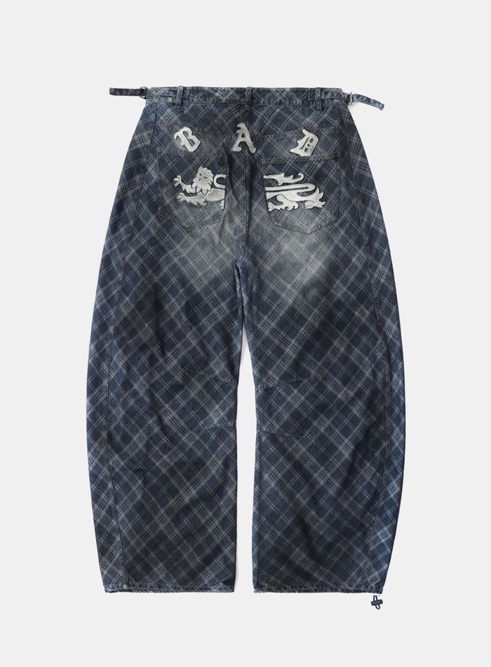 Lion Patch Washed Barrel Pants - Blue Denim Check