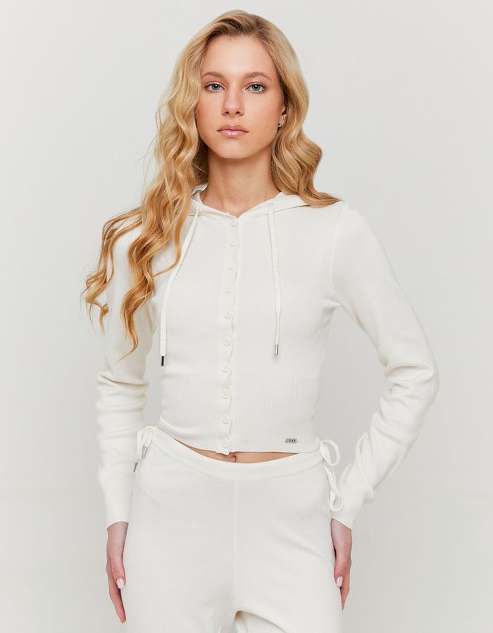 White Knit Buttoned Cardigan with Hood