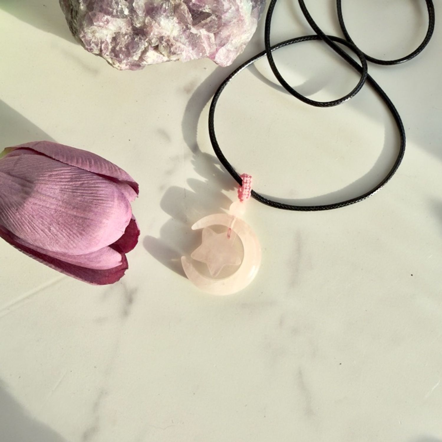 Rose quartz moon & star necklace