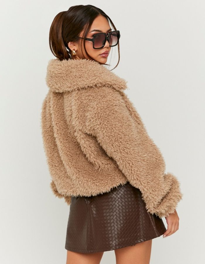 Beige Faux Fur Zip Up Jacket