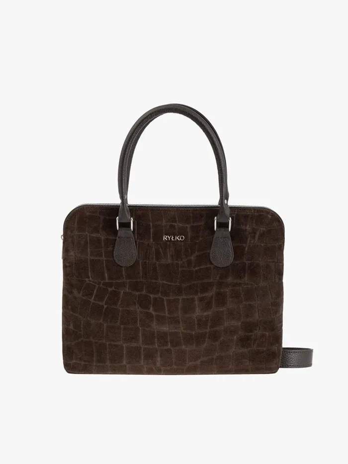 Brown laptop bag with a crocodile-skin pattern