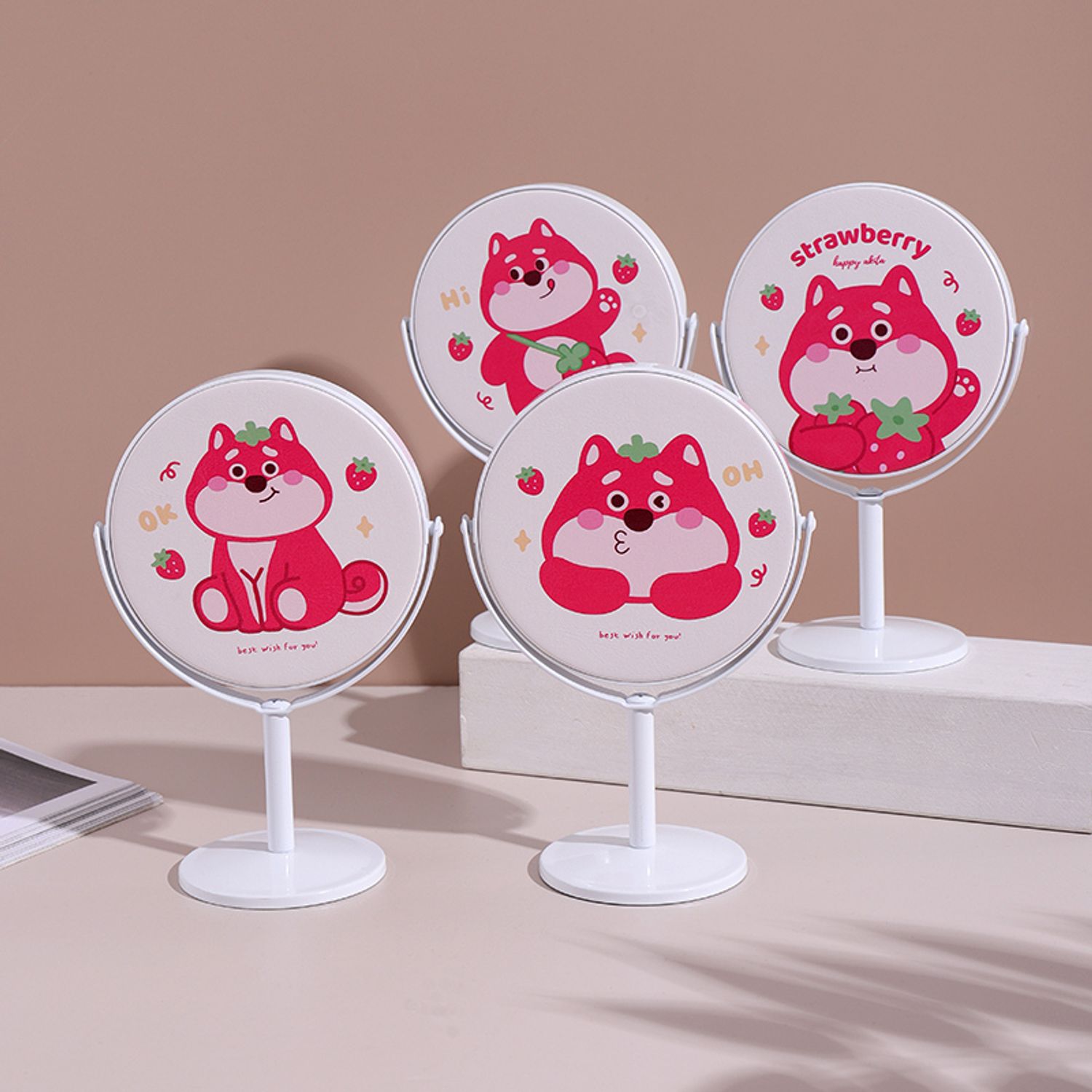 Happy Shiba Inu Round Desk Mirror