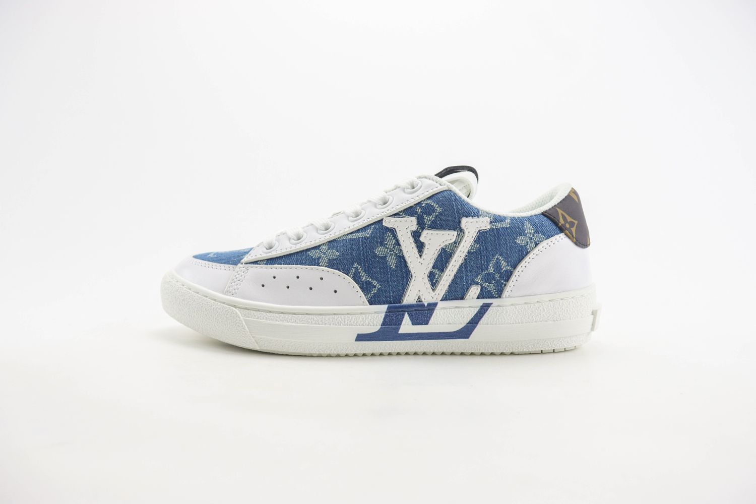 Calfskin Monogram Denim Womens Charlie Sneakers White Blue