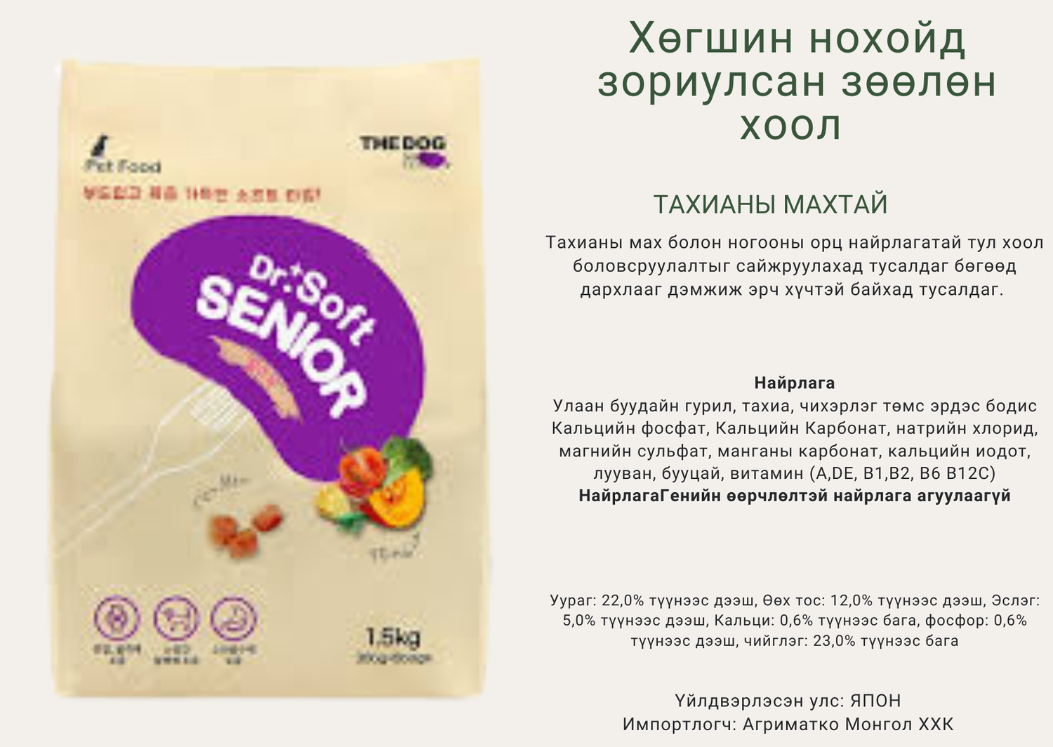 Dr. Soft Senior - Тахианы махтай зөөлөн хоол 1,5 кг Хөгшин нохойд зориулсан