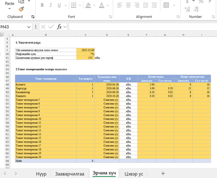 Эрчим хүч болон усны зардал тооцоолох